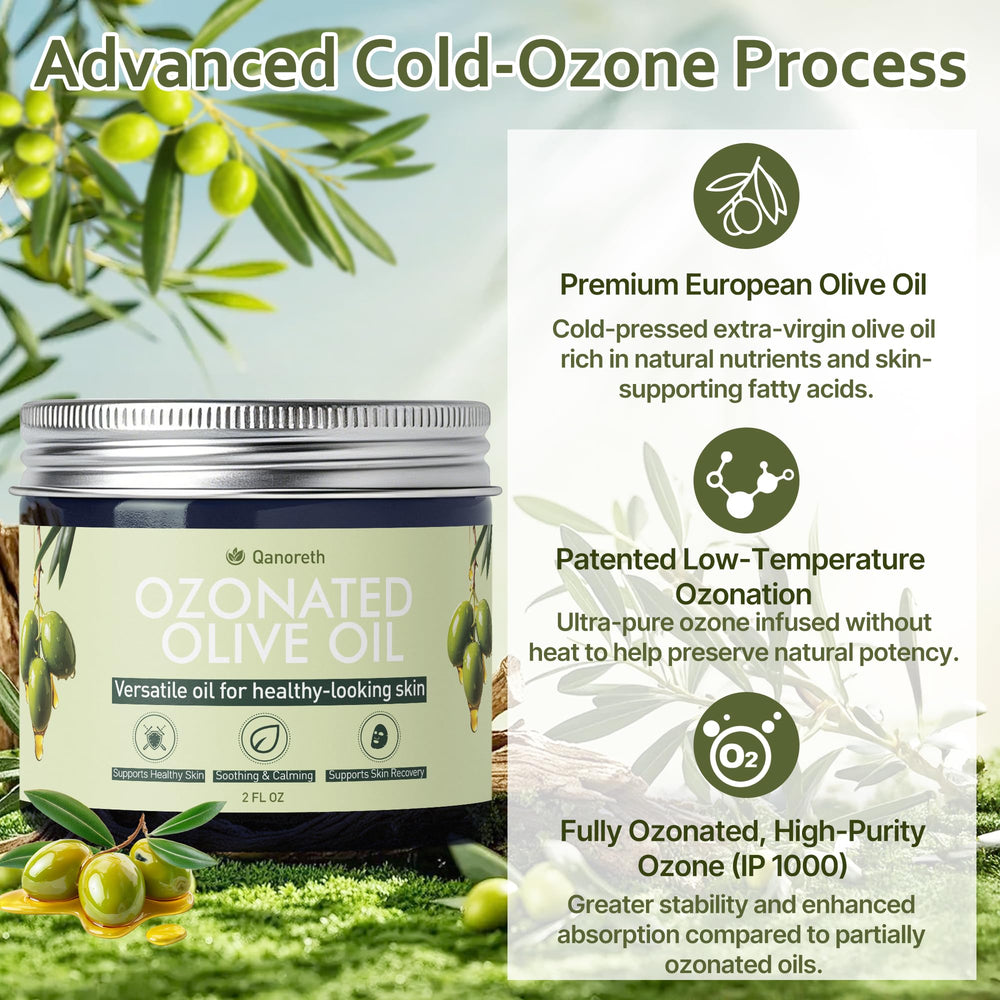 Qanoreth ozonated olive oil with drops demonstrates easy spot application for dry areas.