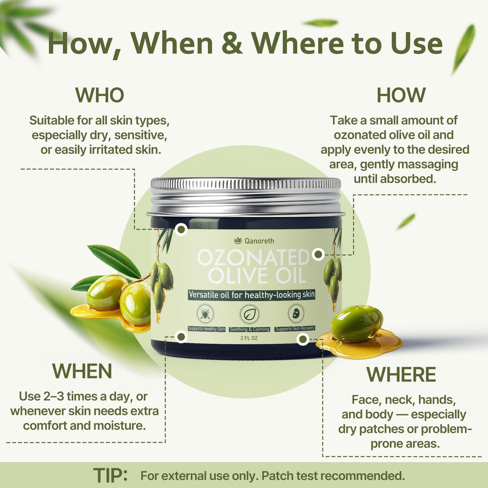 Qanoreth ozonated olive oil in use on skin supports gentle nourishment and renewal.