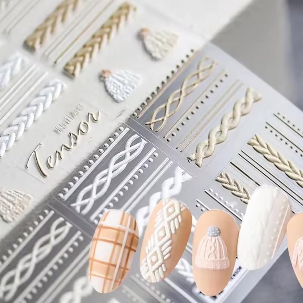 Qdsuh winter sweater stickers featuring braids add texture for a standout manicure