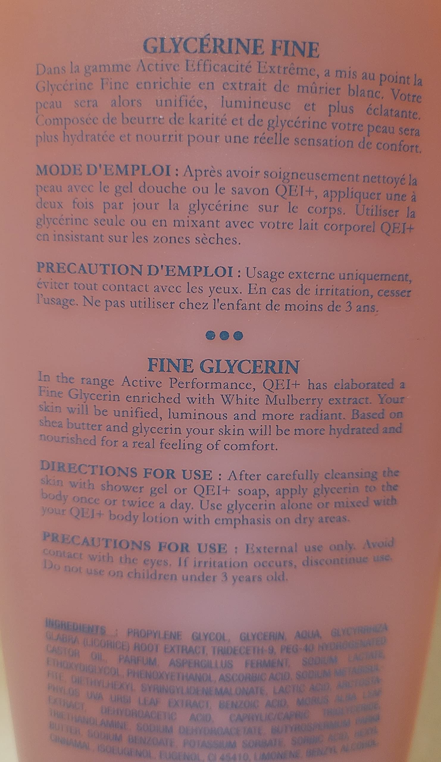 QEI+ Paris Active glycerine label close-up reveals 500ml packaging for daily hydration.