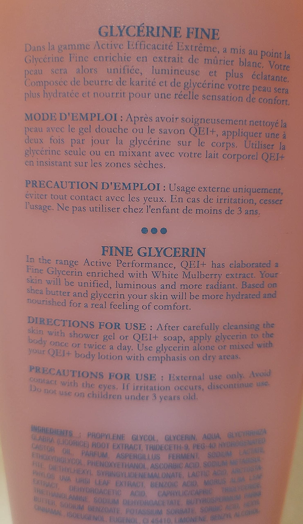 QEI+ Paris Active glycerine label close-up reveals 500ml packaging for daily hydration.