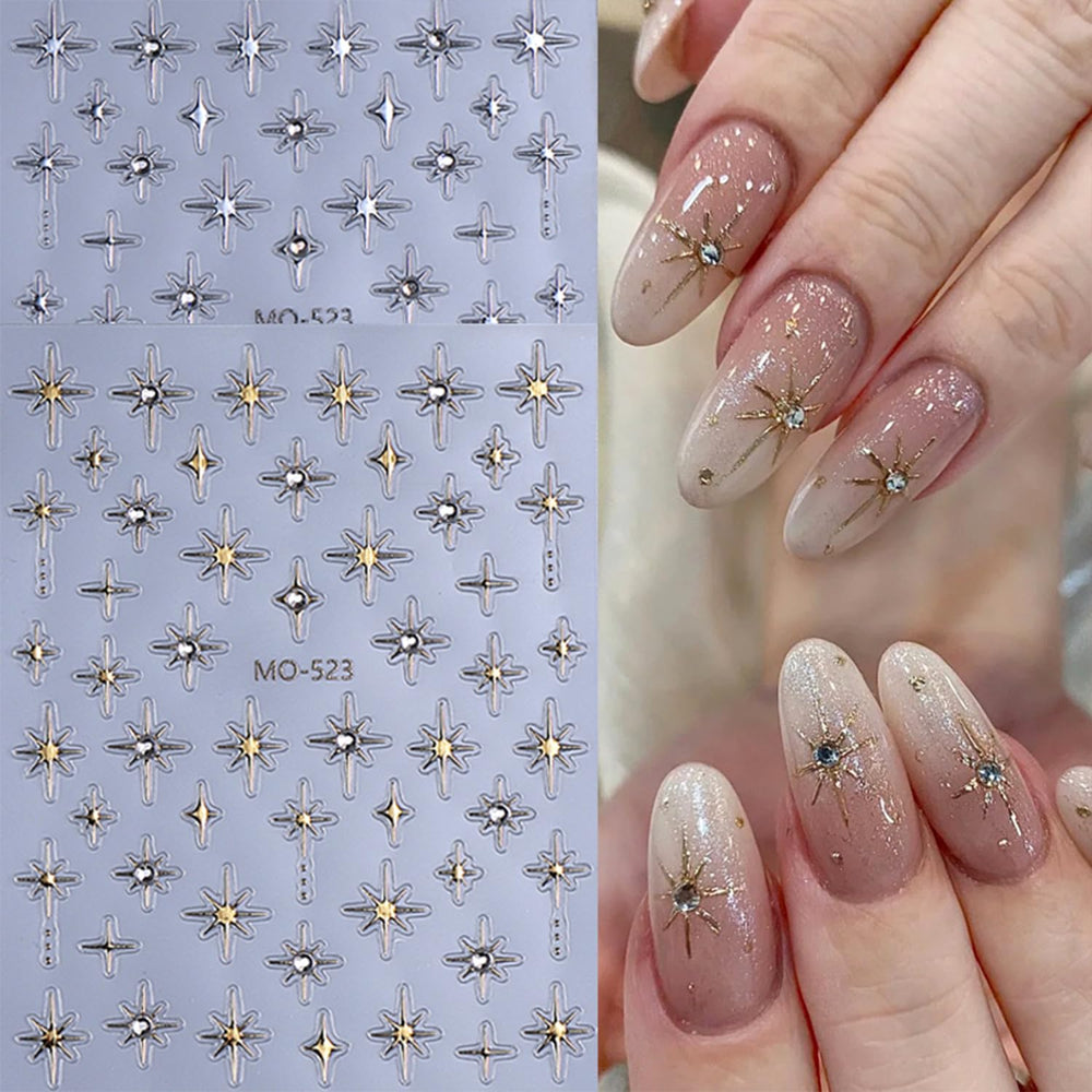 QEYRIYI silver star nail stickers add metallic shine for elegant manicure accents