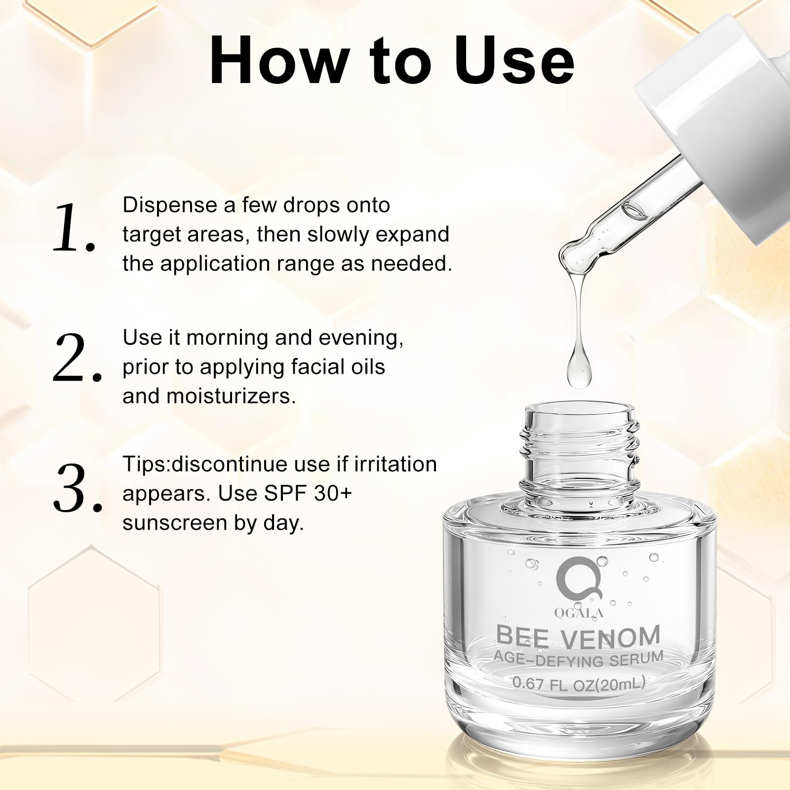 Qgala Bee Venom Serum texture close-up shows creamy, easy-to-spread formula.