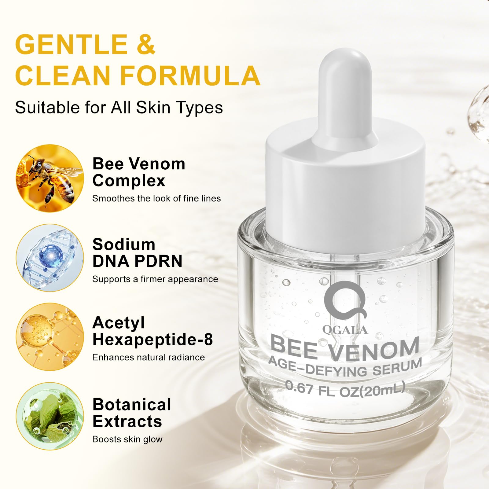 Qgala Bee Venom Serum ingredient highlight with honey and jojoba for lasting moisture.