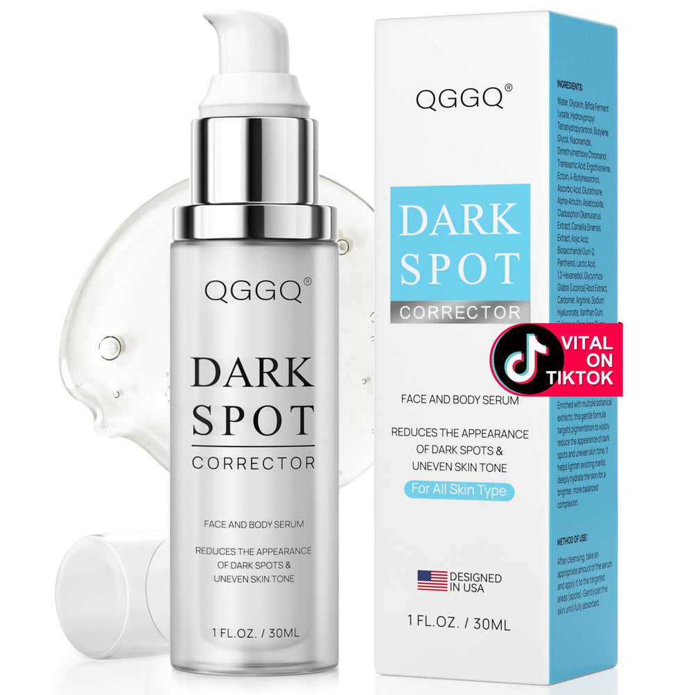 QGGQ Dark Spot Serum bottle shown, brightening action for even skin tone