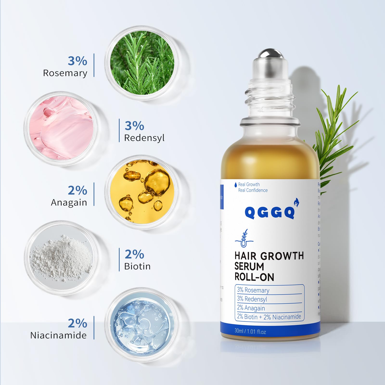 Label design on QGGQ Hair Growth Serum highlights gentle, alcohol-free formula.