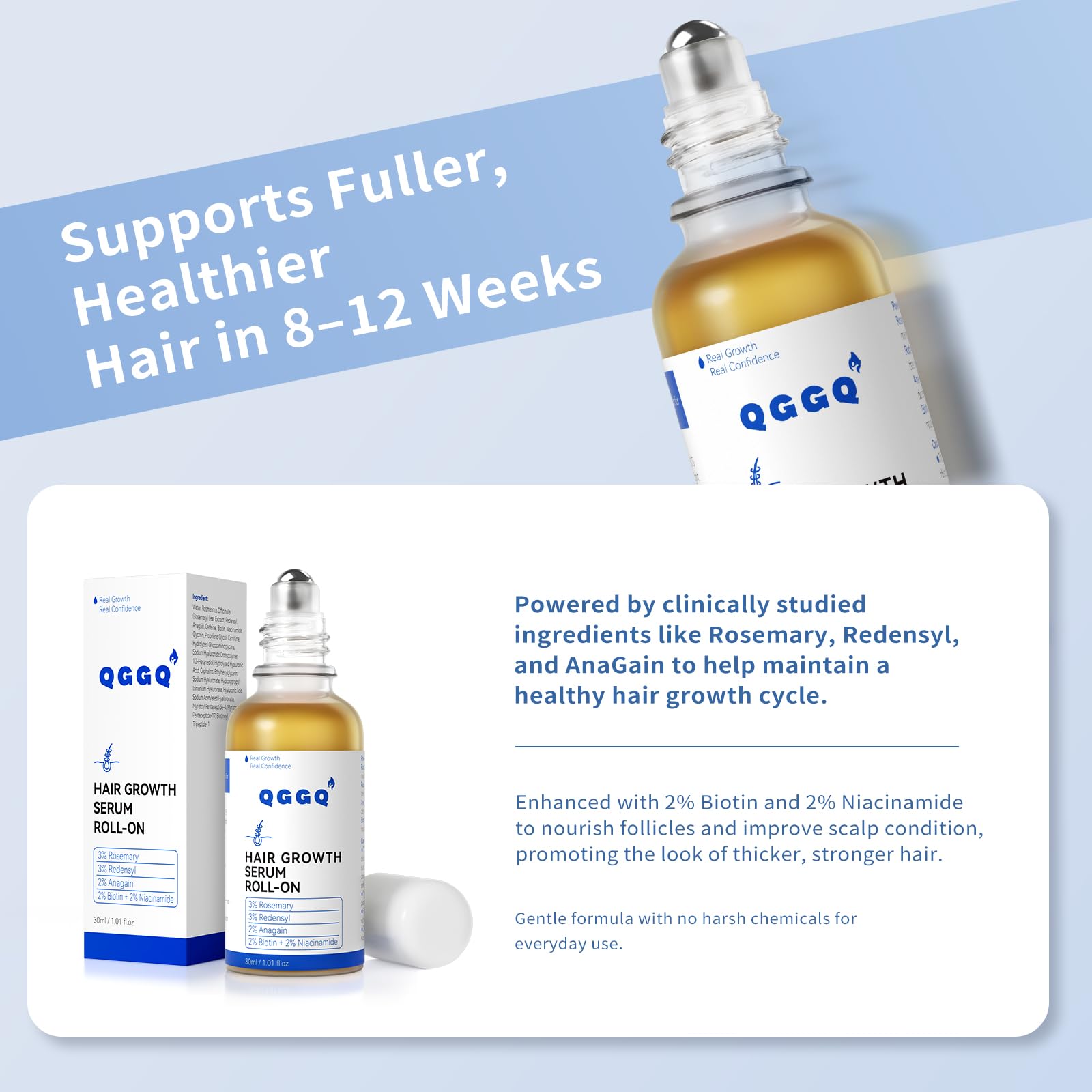 No-rinse usage of QGGQ Hair Growth Serum demonstrates convenient daily routine.