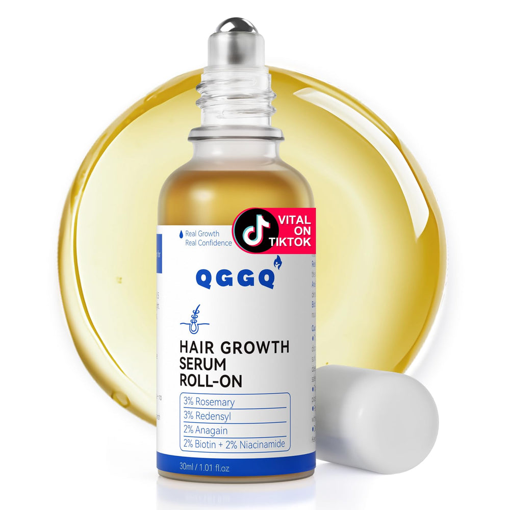 QGGQ Hair Growth Serum Roll-On application targets thinning areas with fast absorption.