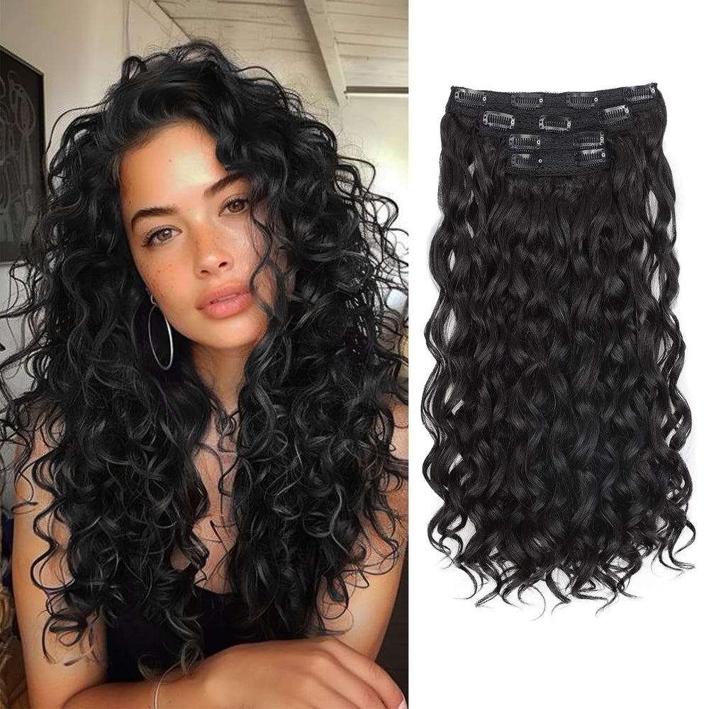QGZ Curly Clip-in Extensions 18in Black close-up shows natural texture for seamless blend