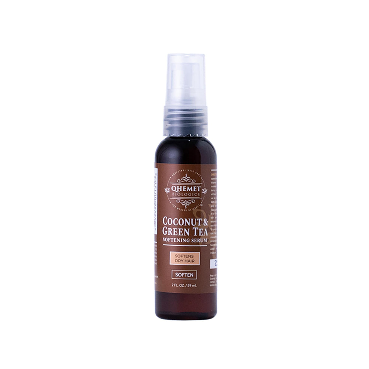 Qhemet Biologics Coconut & Green Tea Serum bottle offering lightweight hydration for dry hair.