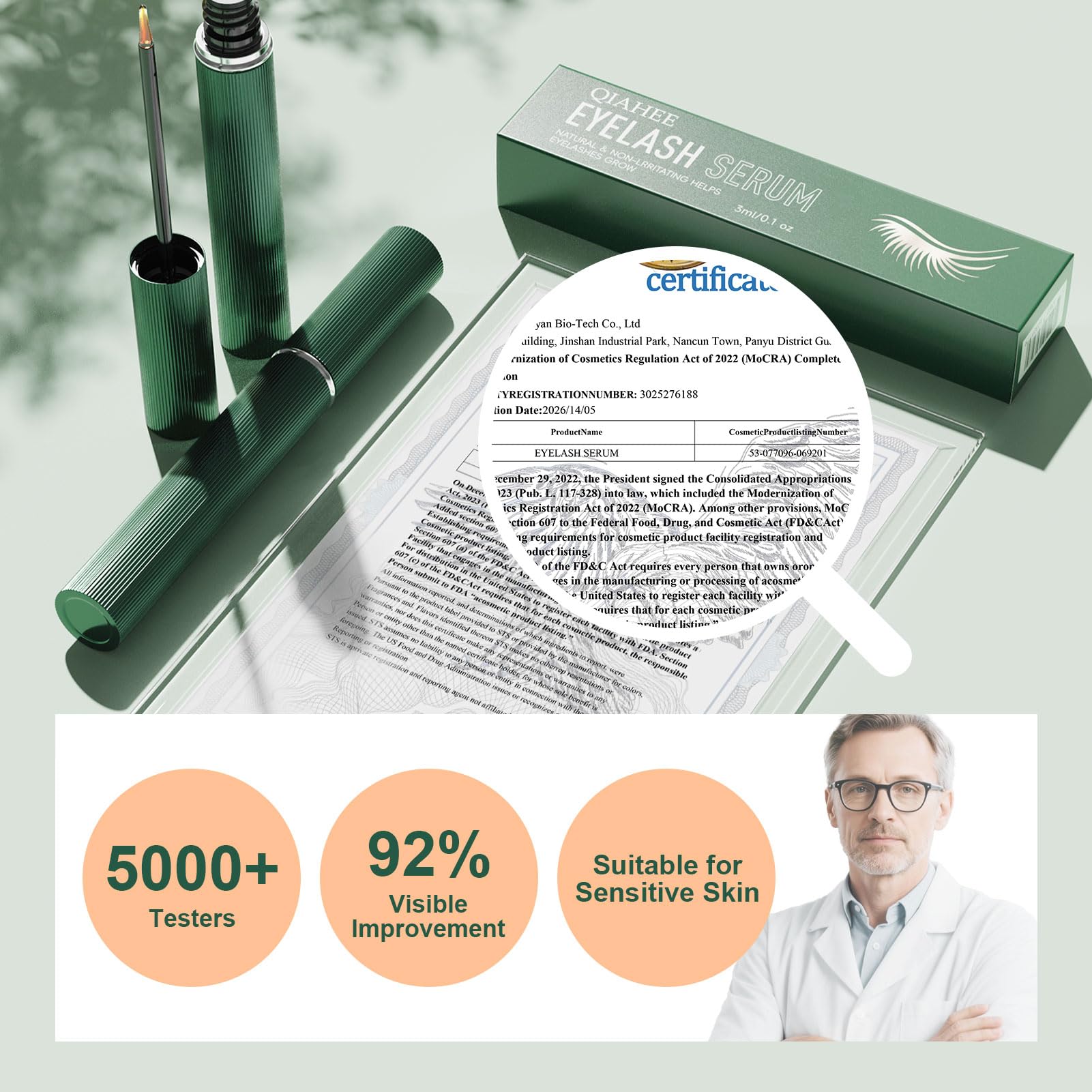 QIAHEE eyelash serum morning routine scene emphasizes consistency for fuller lashes