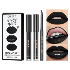 QiBest 3-in-1 black lipstick set offers cohesive color across finishes.