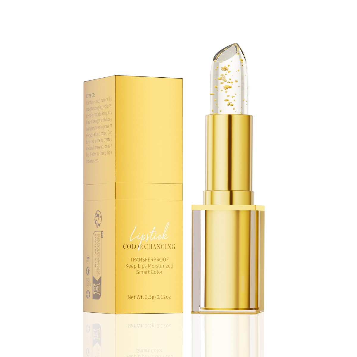 QIC transferproof lipstick with gold-foil packaging swatch showing bold color shift.