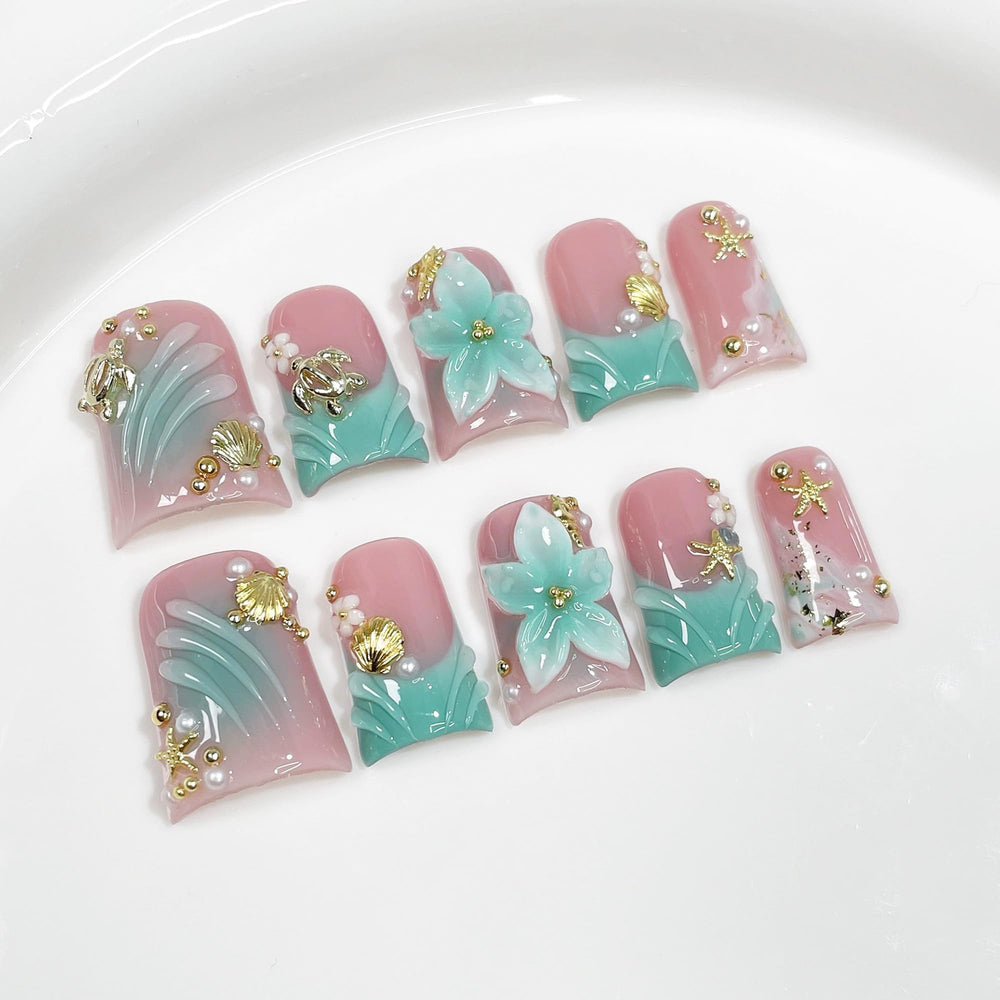 Qicaijia duck nails with blue French tip and glossy finish for chic events