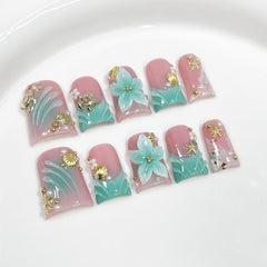 Qicaijia duck nails with blue French tip and glossy finish for chic events