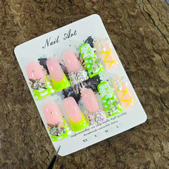 Qicaijia green French nails with 3D bow and rhinestones for special occasions