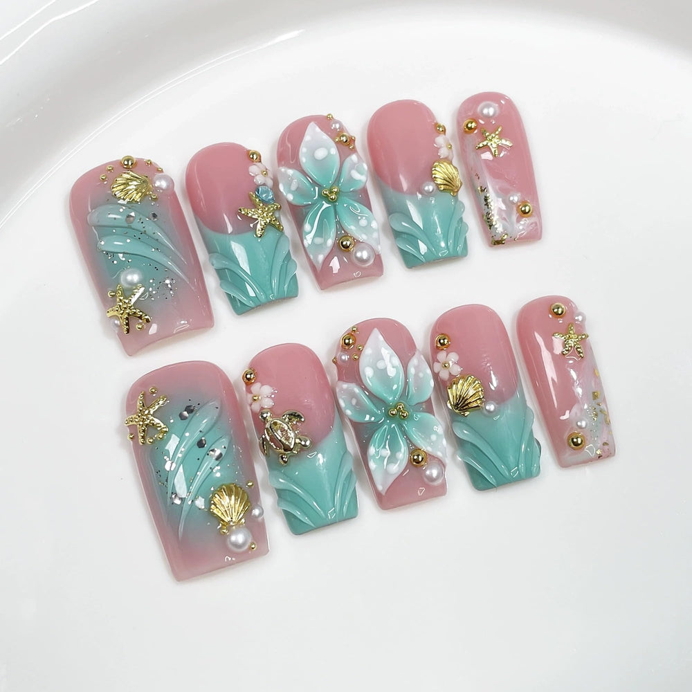 Qicaijia luxury handmade press on nails with blue French ombre and 3D flowers for quick glam