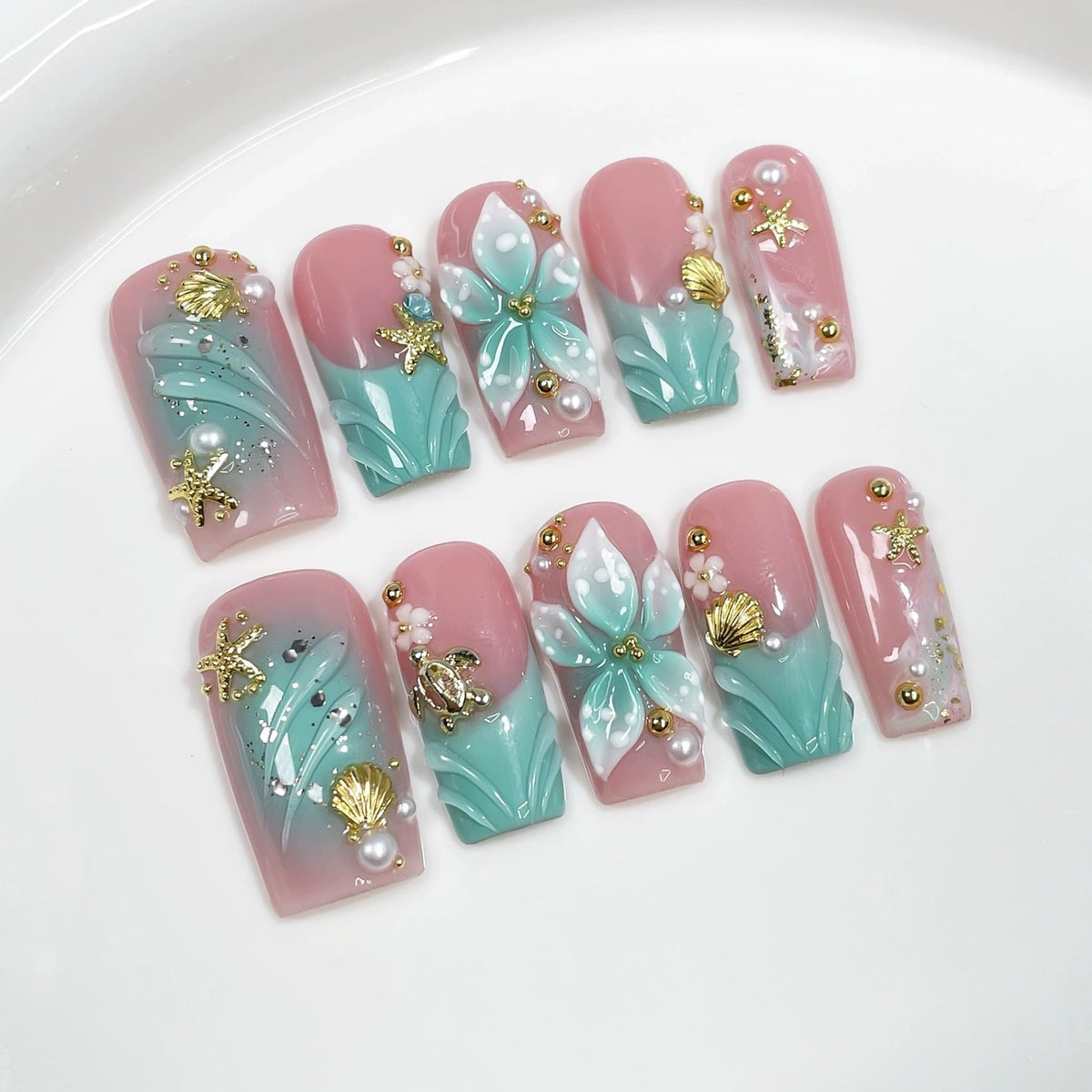 Qicaijia luxury handmade press on nails with blue French ombre and 3D flowers for quick glam
