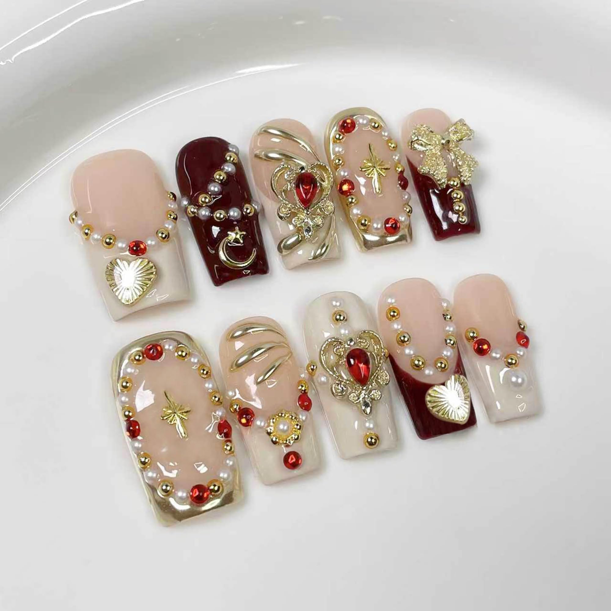 Qicaijia luxury square nails with gold charms for glamorous evenings
