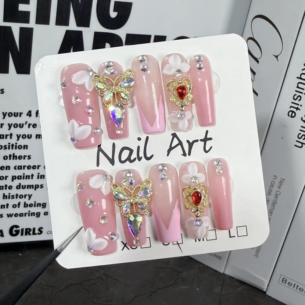 Qicaijia pink French tip full-cover acrylic nails for chic salon-style manicure