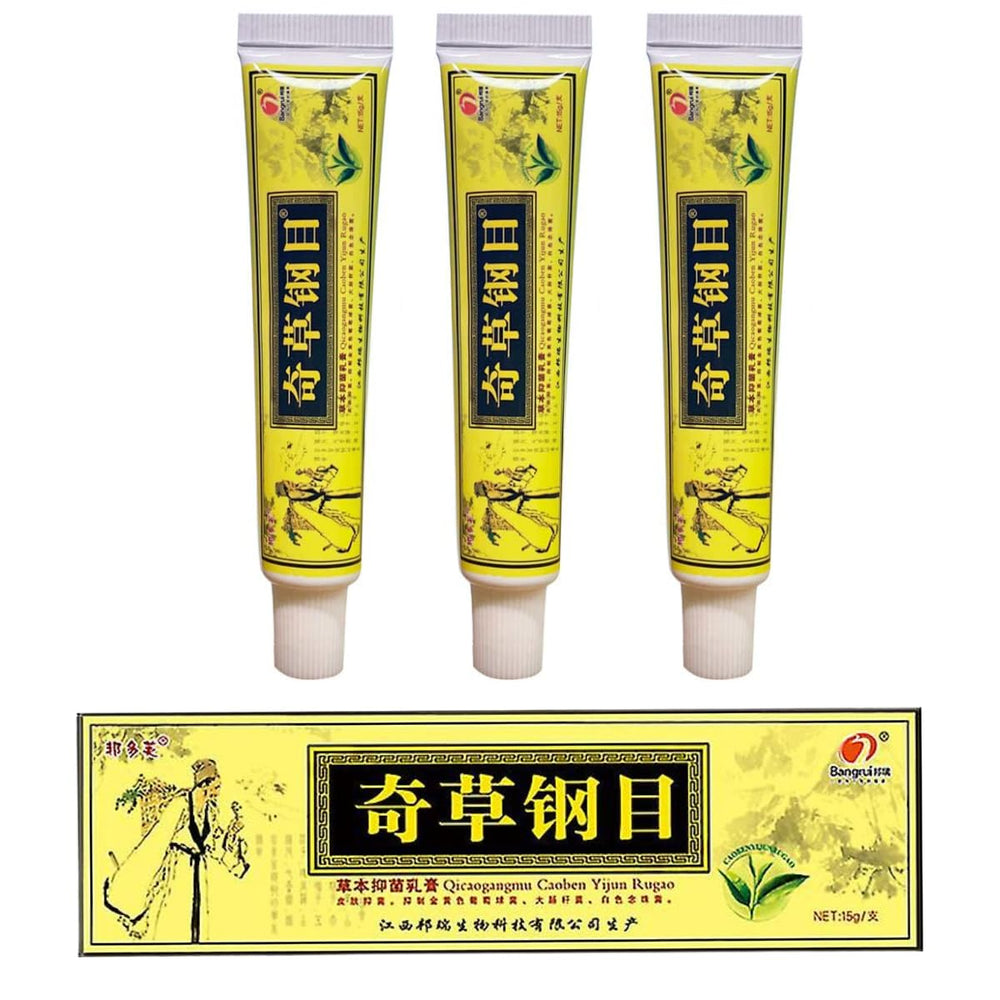 QICAOGANGMU Chinese herbal cream applied for soothing skin discomfort.