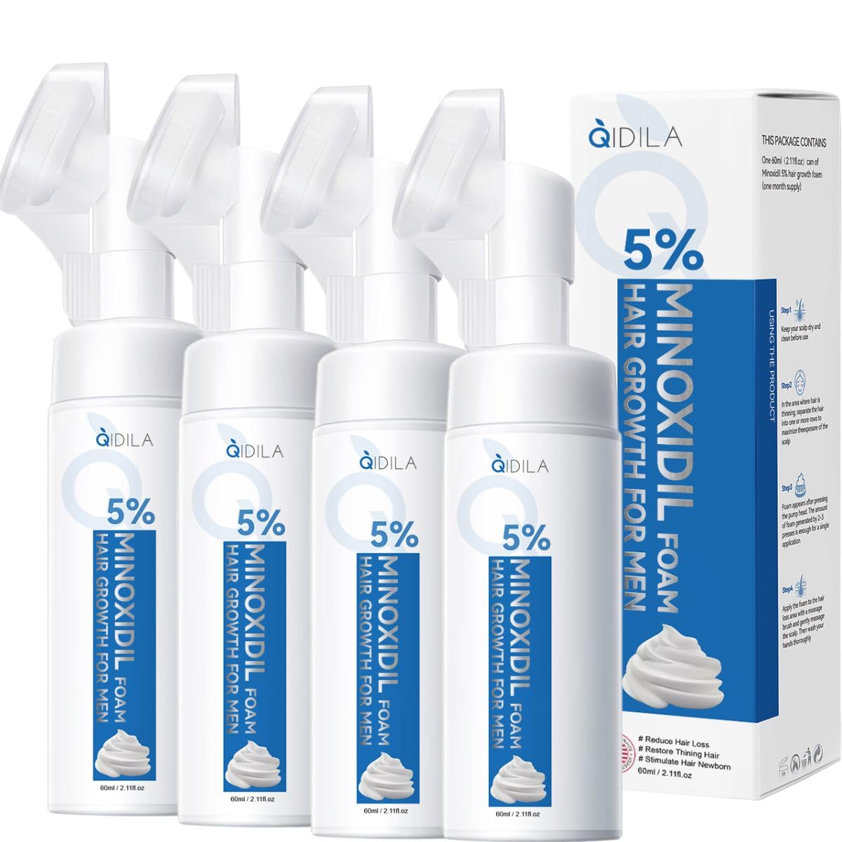 QIDILA 5% Minoxidil Foam applied to scalp for targeted hair regrowth with minimal residue.