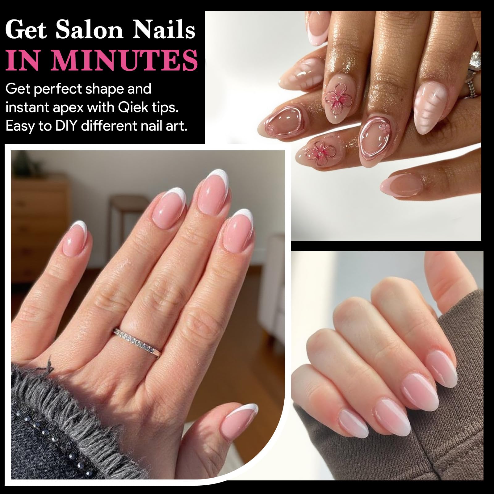 QIEK almond nail tips in 15 sizes enable easy at-home manicures.
