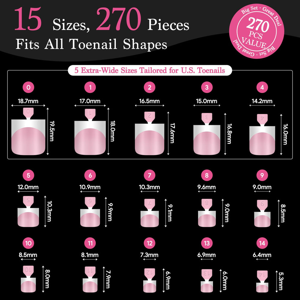 QIEK 15-size toe press-ons set shown in a varied-foot display for secure fit.