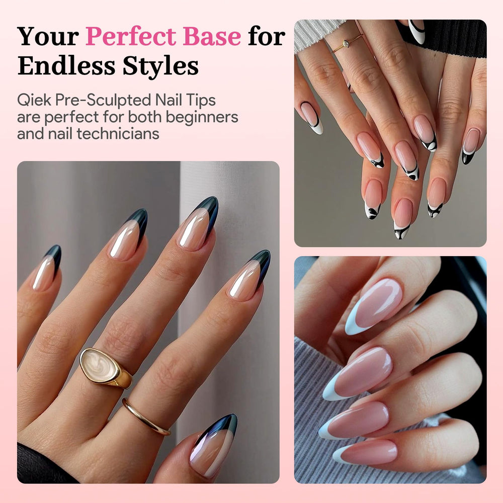 QIEK almond nail tips back view demonstrates thin back for comfort