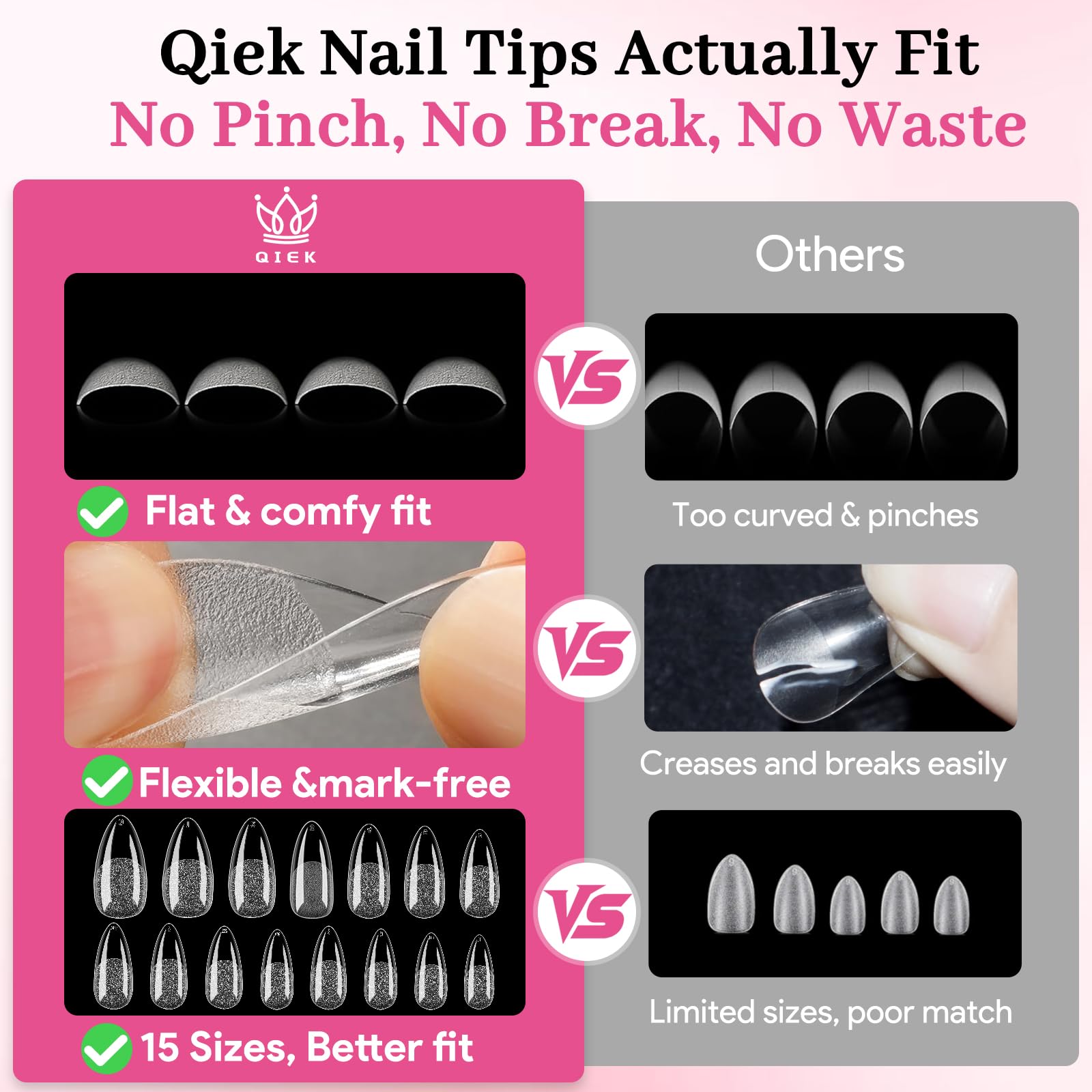 QIEK crystal-clear tips resist bending for durable press-ons.