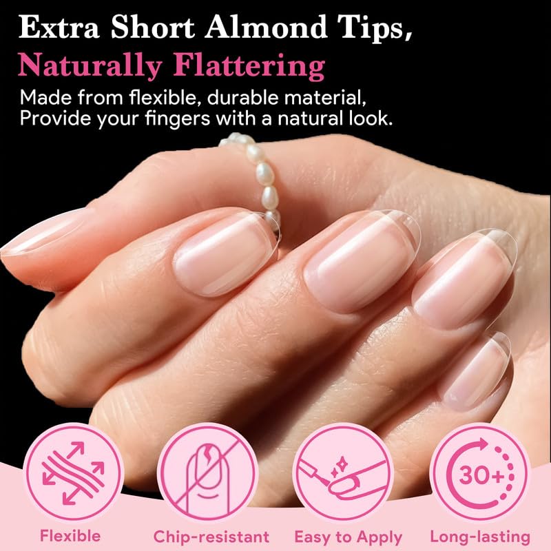 QIEK half frosted almond tips hug the natural nail for a smooth look.