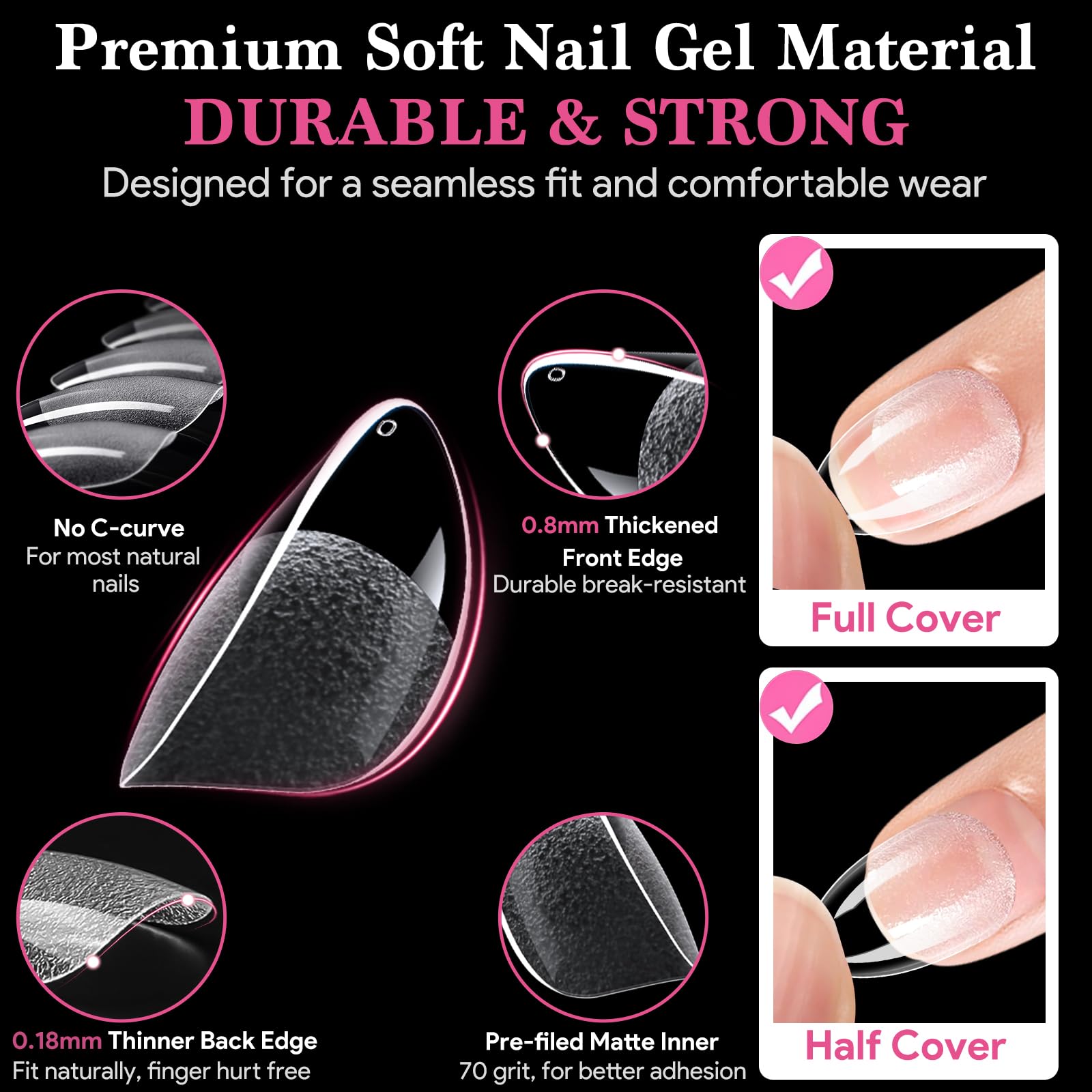 QIEK almond tips with thin edge for seamless blending with natural nails.
