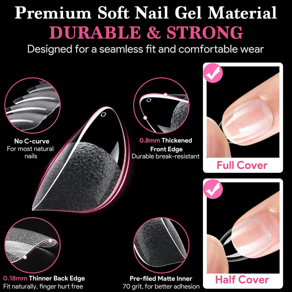 QIEK almond tips with thin edge for seamless blending with natural nails.