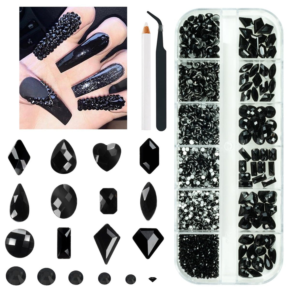 qiipii 2052pcs black rhinestones kit with 72 shapes for DIY nails and crafts
