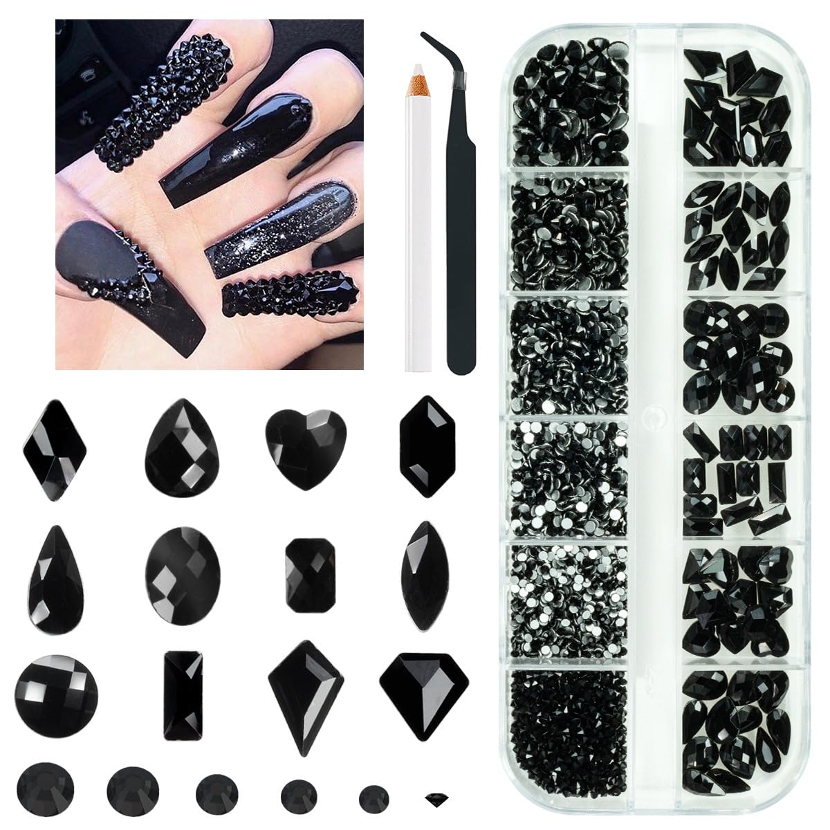 qiipii 2052pcs black rhinestones kit with 72 shapes for DIY nails and crafts