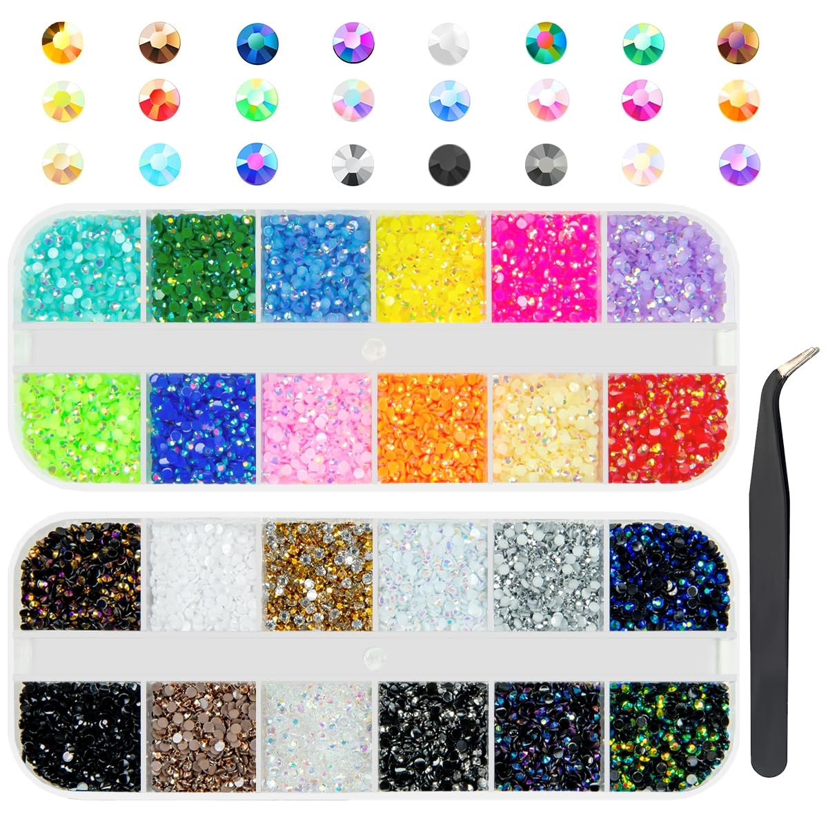 Qiipii 24-color jelly rhinestones pack for nail art and crafts, adds vibrant sparkle.