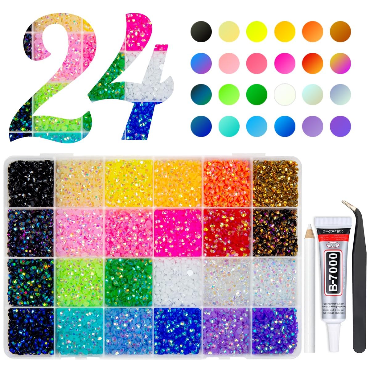 qiipii 24-color jelly rhinestones in a rainbow grid for crafts