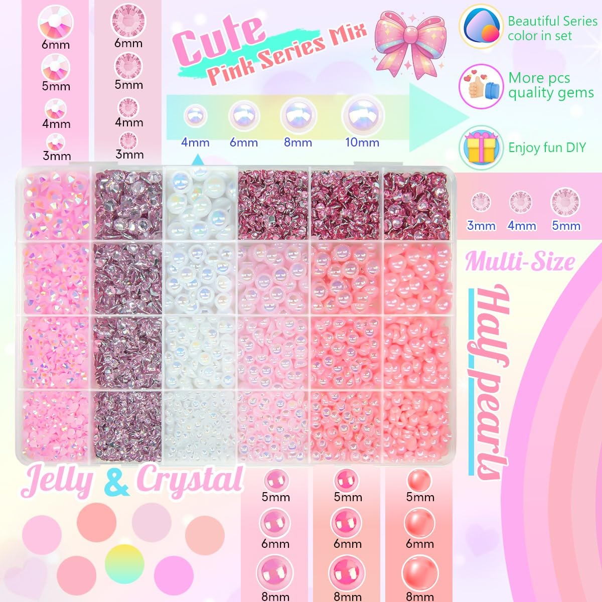 qiipii mixed sizes 3mm to 10mm pearls and rhinestones for versatile designs.