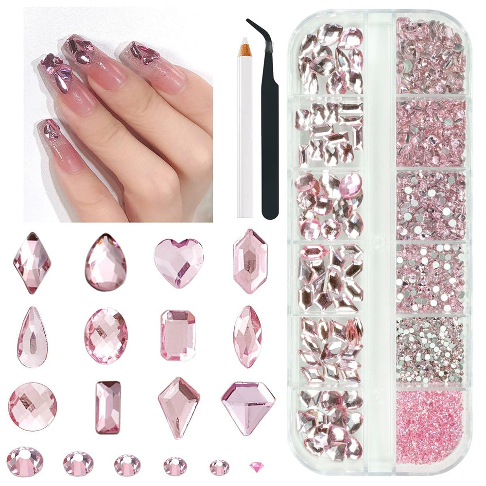 Qiipii pink nail rhinestones in 72 shapes for versatile nail art.