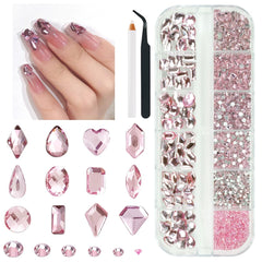 Qiipii pink nail rhinestones in 72 shapes for versatile nail art.