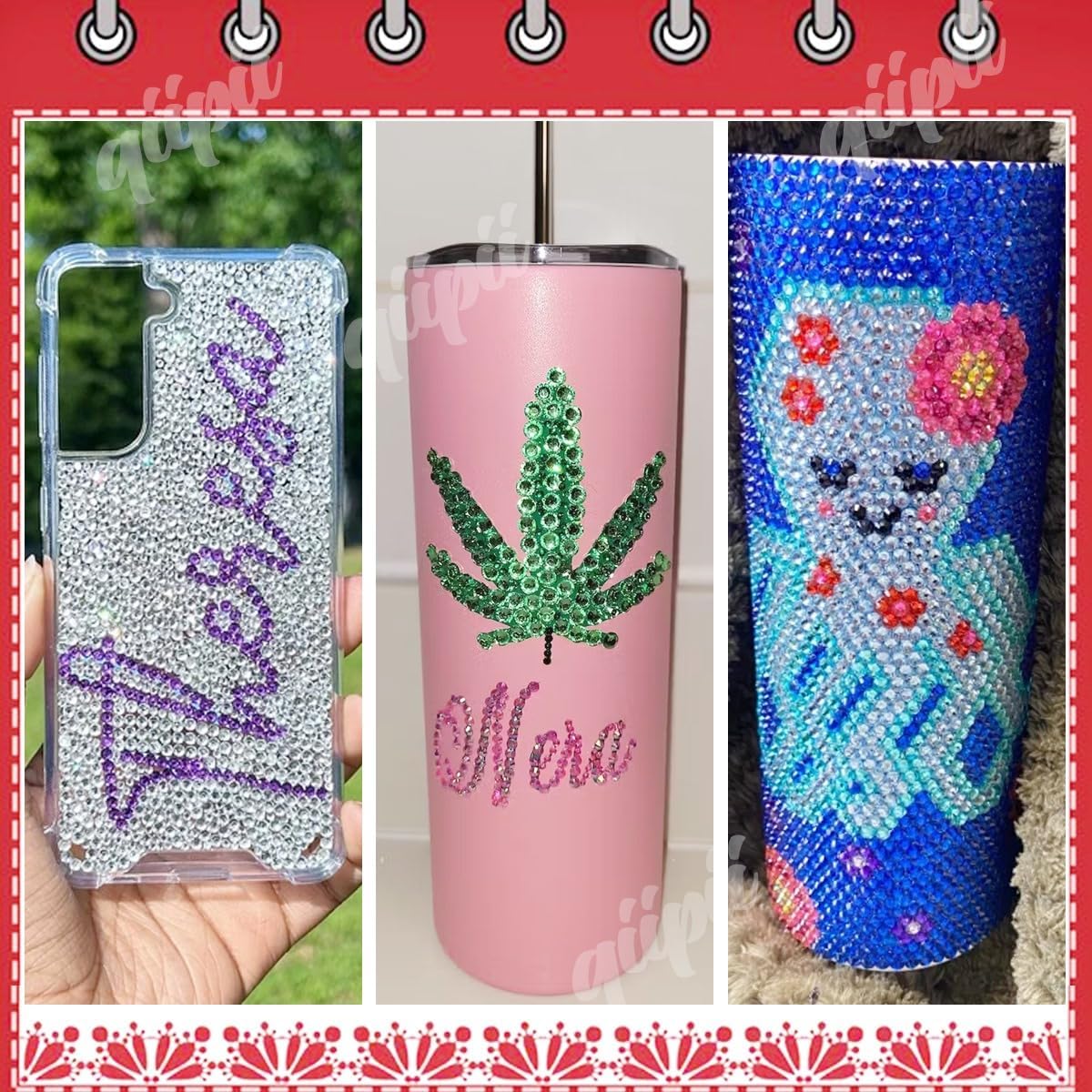 Qiipii rhinestones applied to a tumbler for vibrant decoration.
