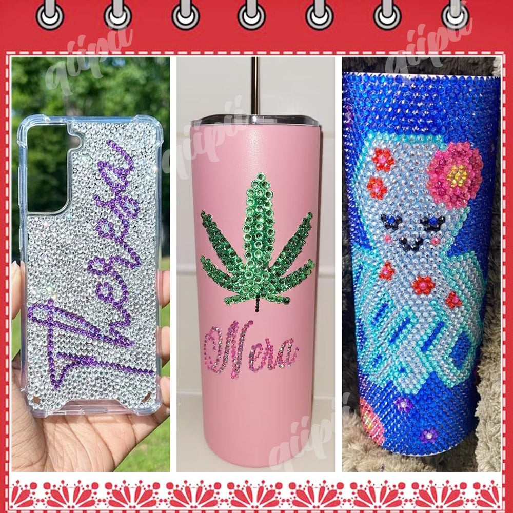 Qiipii rhinestones applied to a tumbler for vibrant decoration.