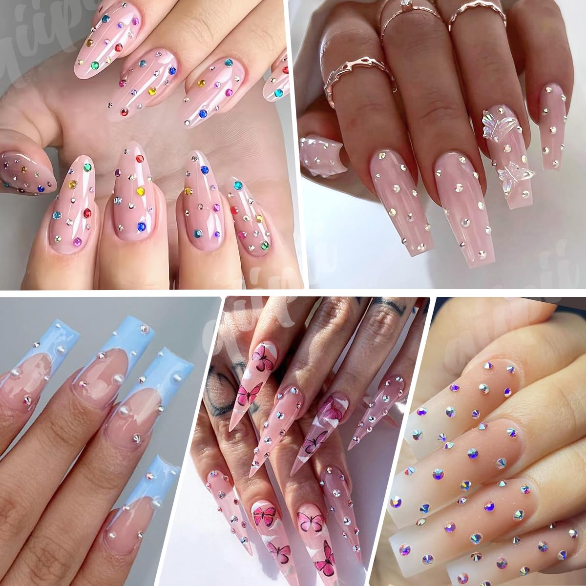 Qiipii nail art rhinestones reflect light for shimmering nail designs.