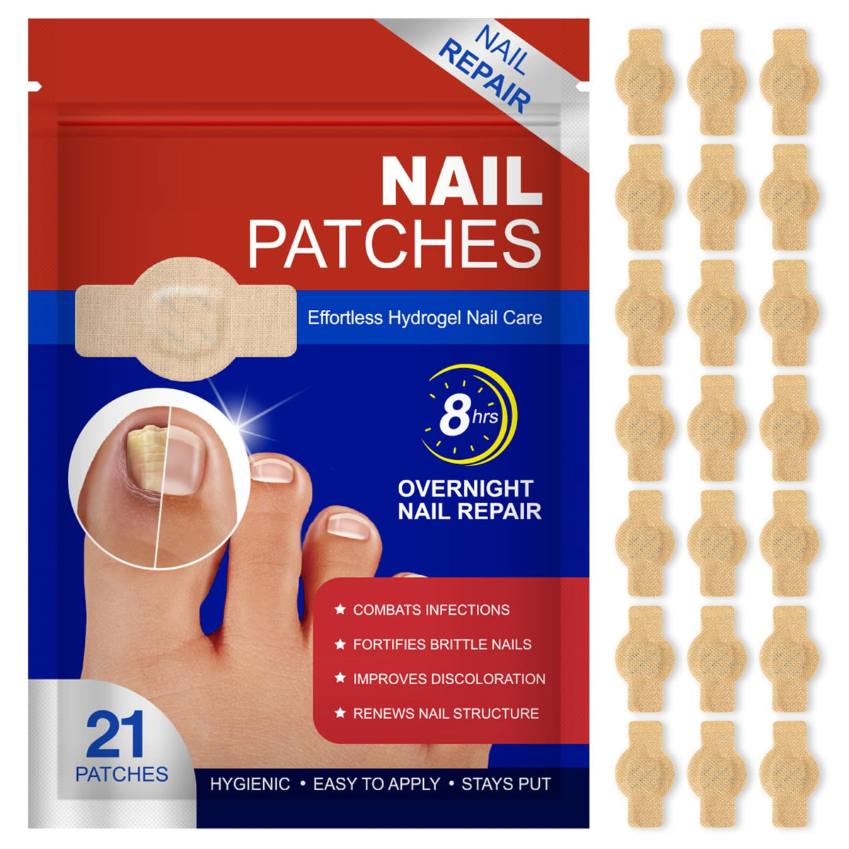 Qing Yo nail patches 21 pcs pack for at-home nail repair and rejuvenation.