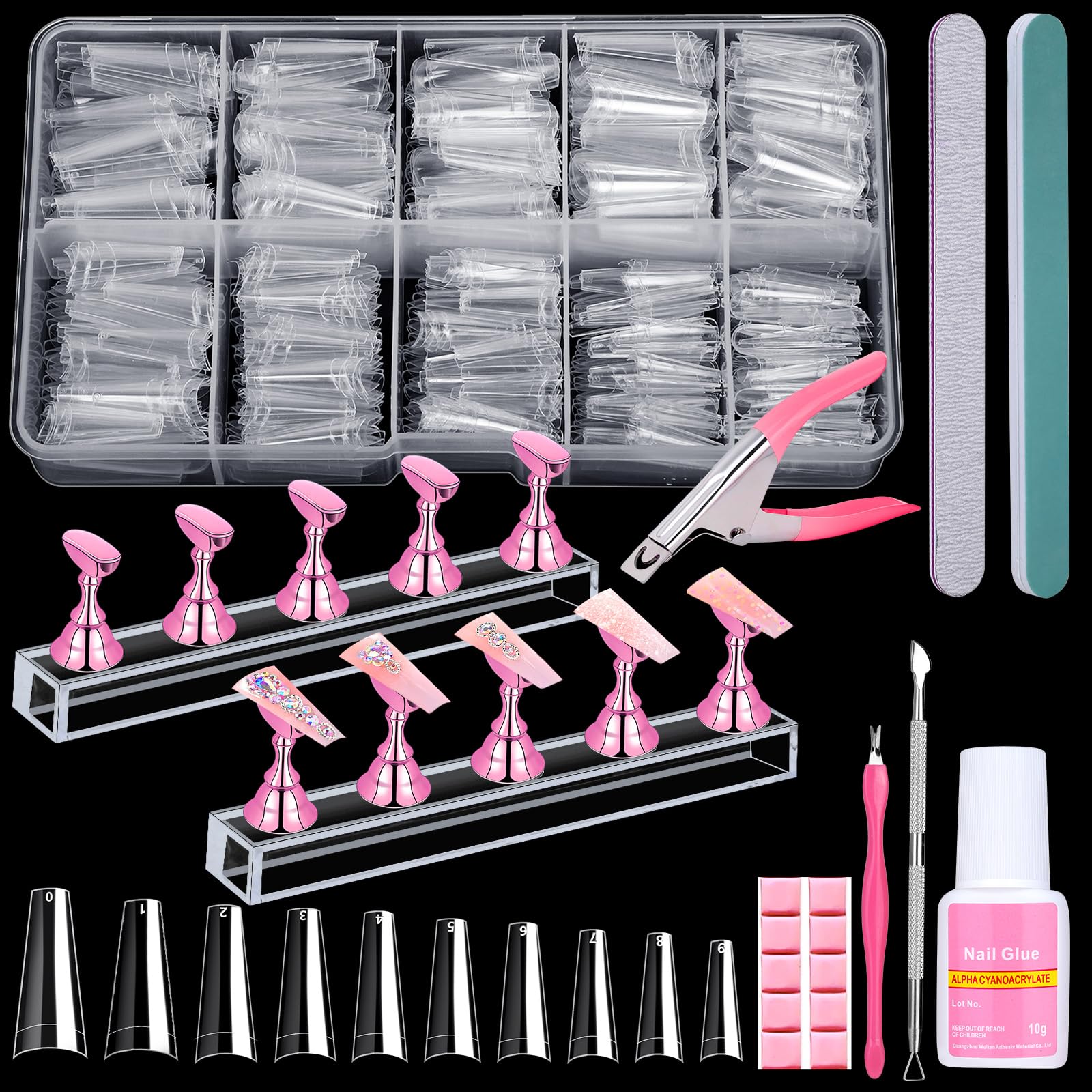 Qinzave 600pcs clear coffin nail tips kit for at-home extensions and nail art practice.