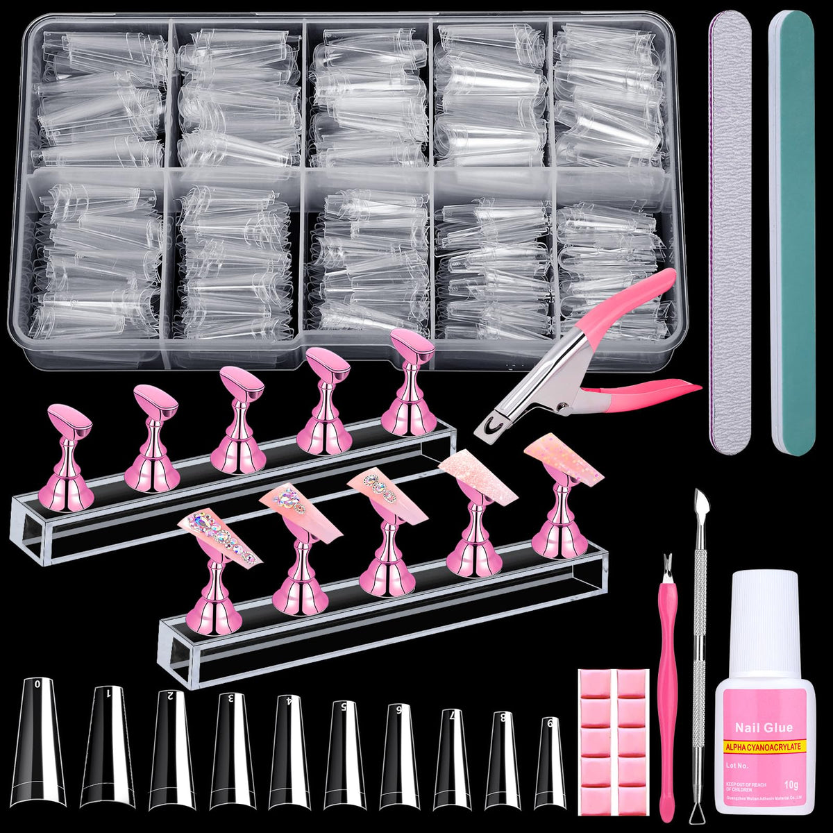 Qinzave 600pcs clear coffin nail tips kit for at-home extensions and nail art practice.