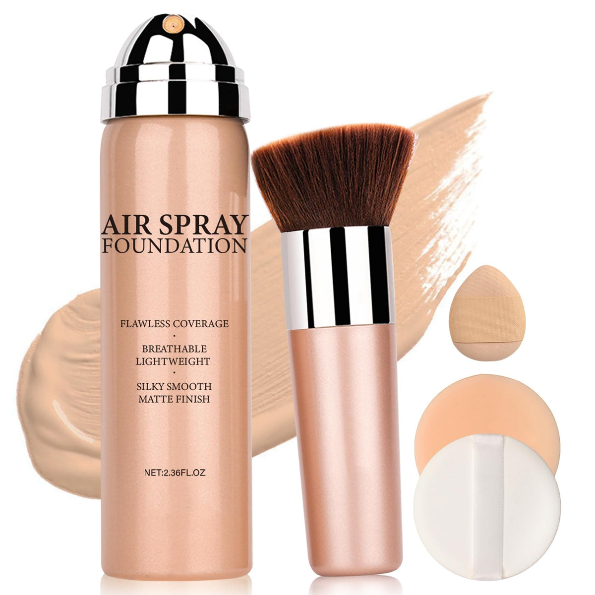 QIUFSSE airbrush foundation bottle displaying lightweight coverage for a natural glow