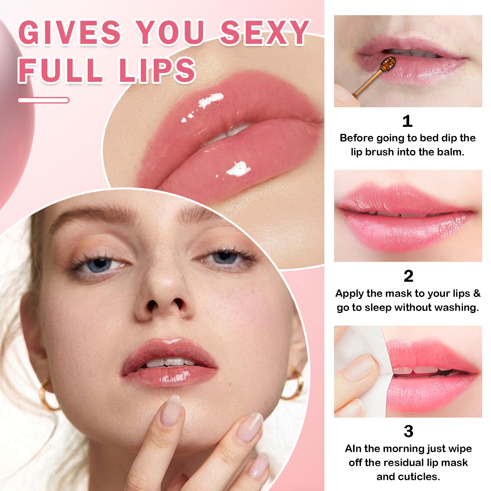 QIUFSSE Overnight lip mask usage image shows deep nourishment overnight.