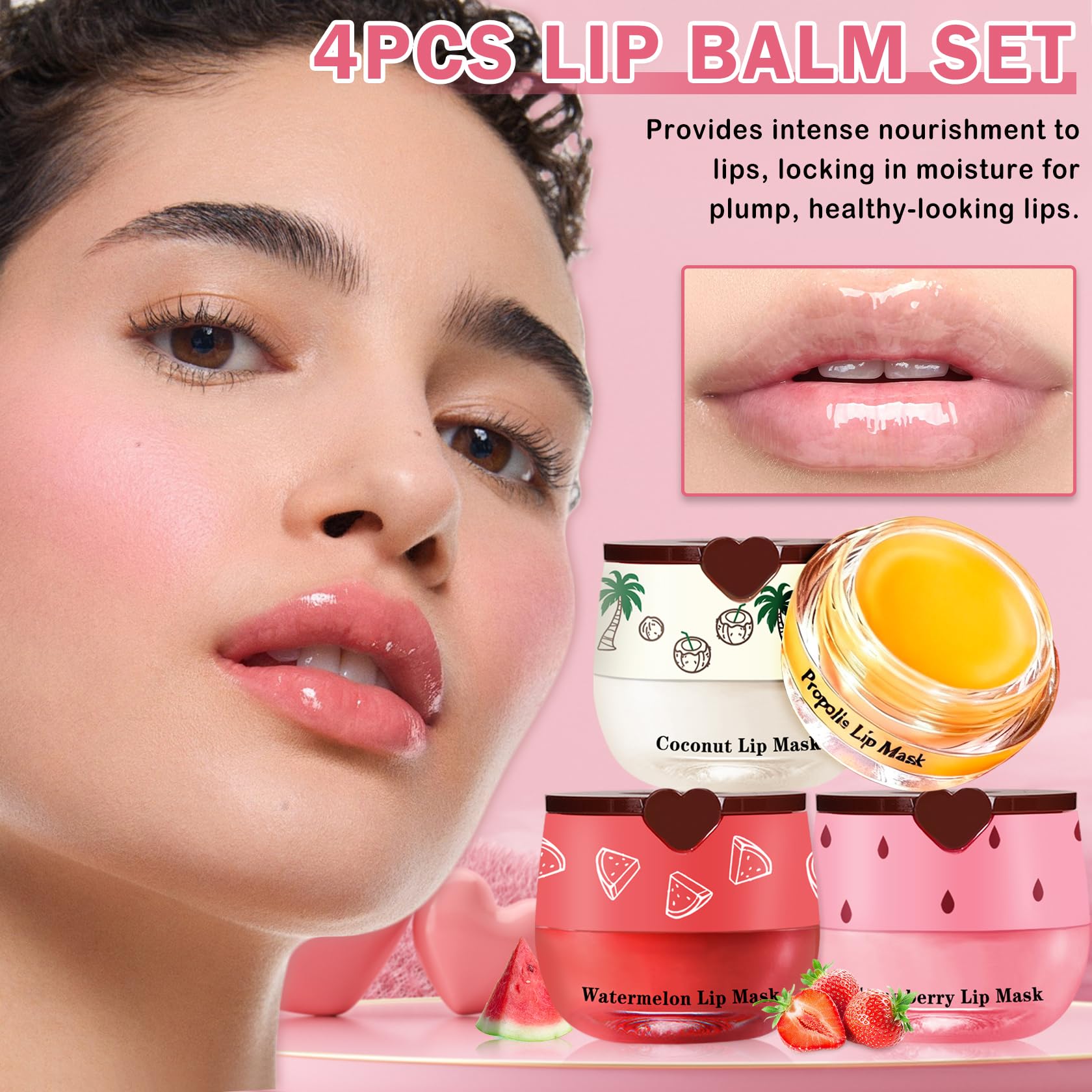 QIUFSSE Honey Pot Lip Balm Set strawberry scent nourishes lips with fruity flavor.