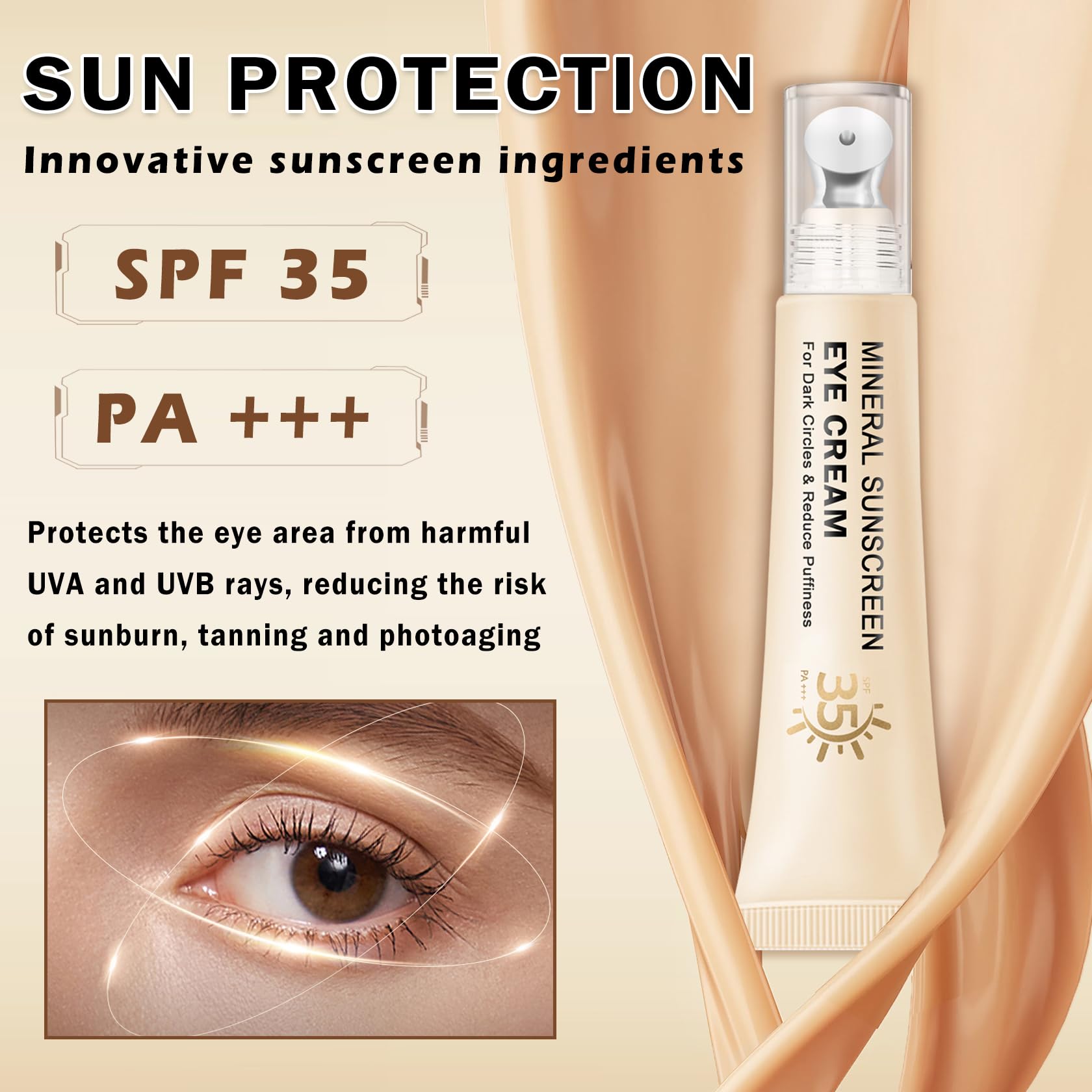 QIUFSSE SPF 35 label on eye cream packaging highlighting broad protection